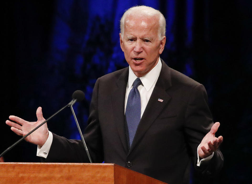 Former Vice President Joe Biden gives a tribute during memorial service at North Phoenix Baptist Church for Sen. John McCain, R-Ariz., on Aug. 30, 2018, in Phoenix. (AP Photo/Jae C. Hong)