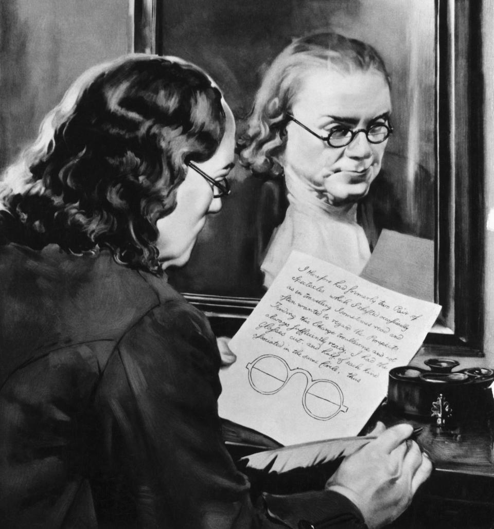 illustration of ben franklin holding drawing of bifocals