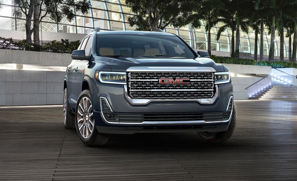 <p>The GMC Acadia is a compact version of Chevy's Traverse; both models offer three-row seating. The Acadia comes with either a 288-hp turbocharged four-cylinder or a 310-hp V-6. Both engines use a nine-speed automatic; no CVT here, folks. The Acadia is on the smaller end of the segment, the shortest in length by over an inch—a plus for families that need more room in the garage for the kids' bikes. Unfortunately, it means the Acadia has the least amount of combined second- and third-row cargo space on the list. The most fuel-efficient Acadia is the front-wheel-drive turbocharged four-cylinder, with an EPA-estimated 22 mpg city and 29 mpg highway. </p><ul><li>Base price: $38,195</li><li><em>C/D</em> rating: 5.5/10</li></ul><p><a class="link " href="https://www.caranddriver.com/gmc/acadia" rel="nofollow noopener" target="_blank" data-ylk="slk:MORE ABOUT THE ACADIA;elm:context_link;itc:0;sec:content-canvas">MORE ABOUT THE ACADIA</a></p>