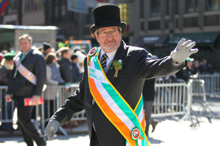 <p>Grand Marshal of the 2017 NYC St. Patrick’s Day Parade, Michael J. Dowling waves to the crowds at the St. Patrick’s Day Parade, March 17, 2017, in New York. (Gordon Donovan/Yahoo News) </p>