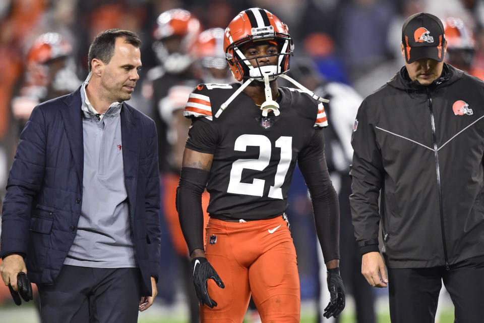 Cleveland Browns cornerback Denzel Ward (21) walks off the field after an injury during the second half of the team's NFL football game against the Denver Broncos, Thursday, Oct. 21, 2021, in Cleveland. (AP Photo/David Richard)