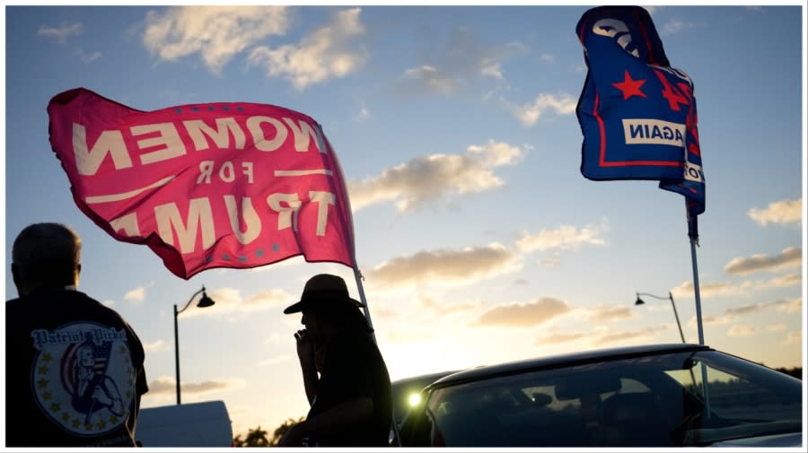 <em>People gather to show support for former President Donald Trump a day after he was indicted by a Manhattan grand jury, Friday, March 31, 2023, near Trump’s Mar-a-Lago estate in Palm Beach, Fla. (AP Photo/Rebecca Blackwell)</em>