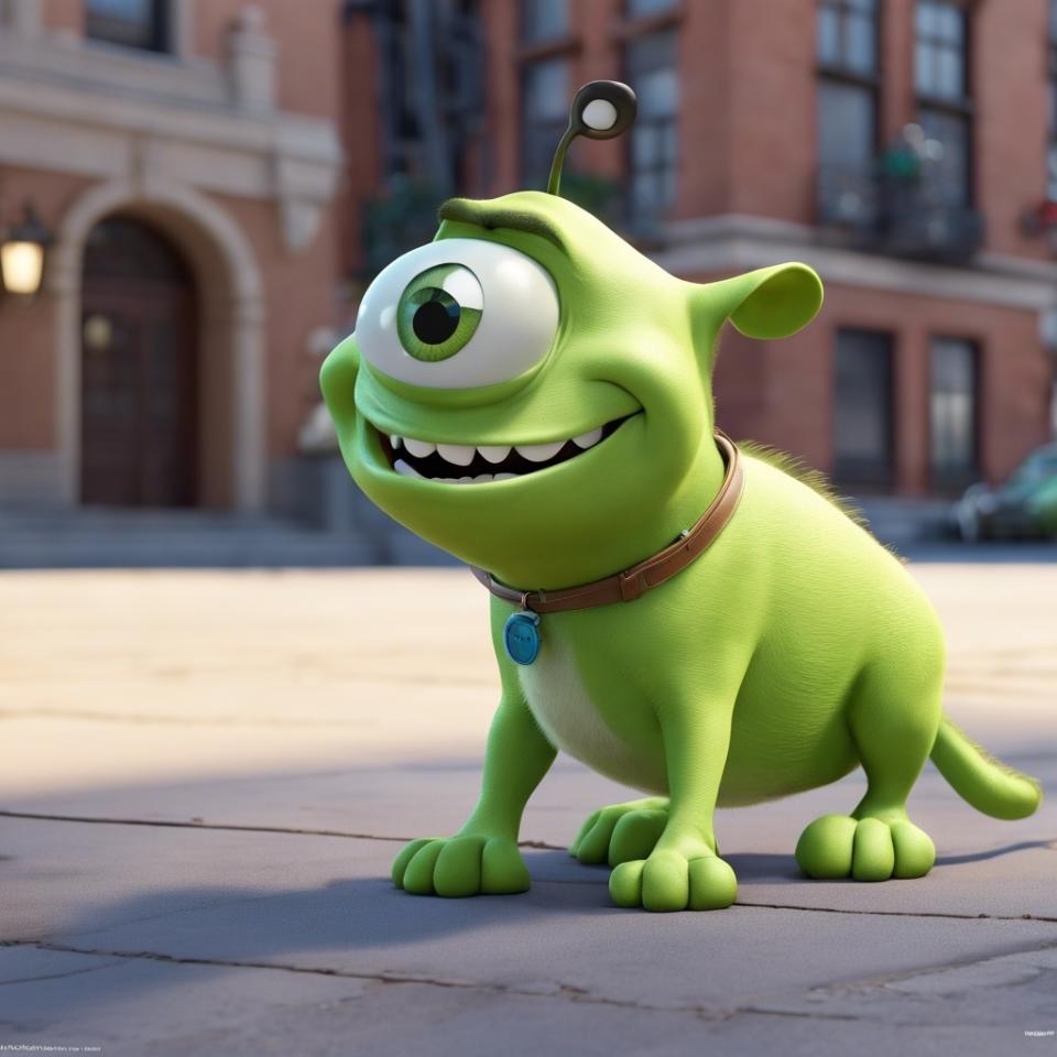 Mike Wazowski, a fictional animated character from the movie "Monsters, Inc.," in dog form and standing on a street