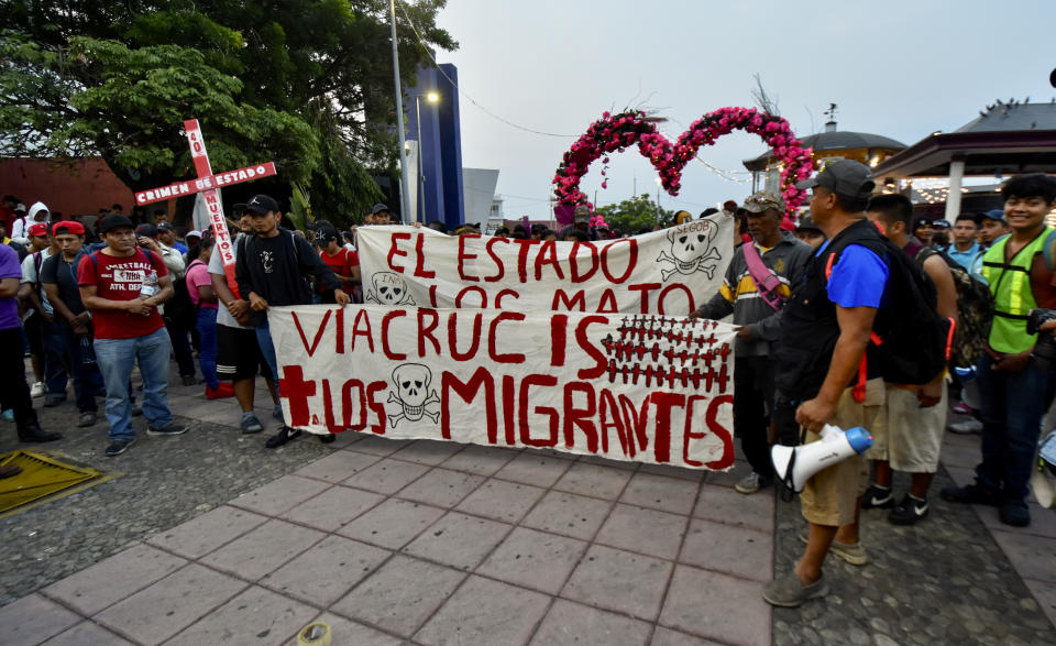 Migrants start walking north from Tapachula, Chiapas state, Mexico, Sunday, April 23, 2023. Migrants stuck in southern Mexico and angry about 40 of their own who died in a fire at a detention facility last month, began walking toward Mexico City. (AP Photo/Edgar Hernandez Clemente)