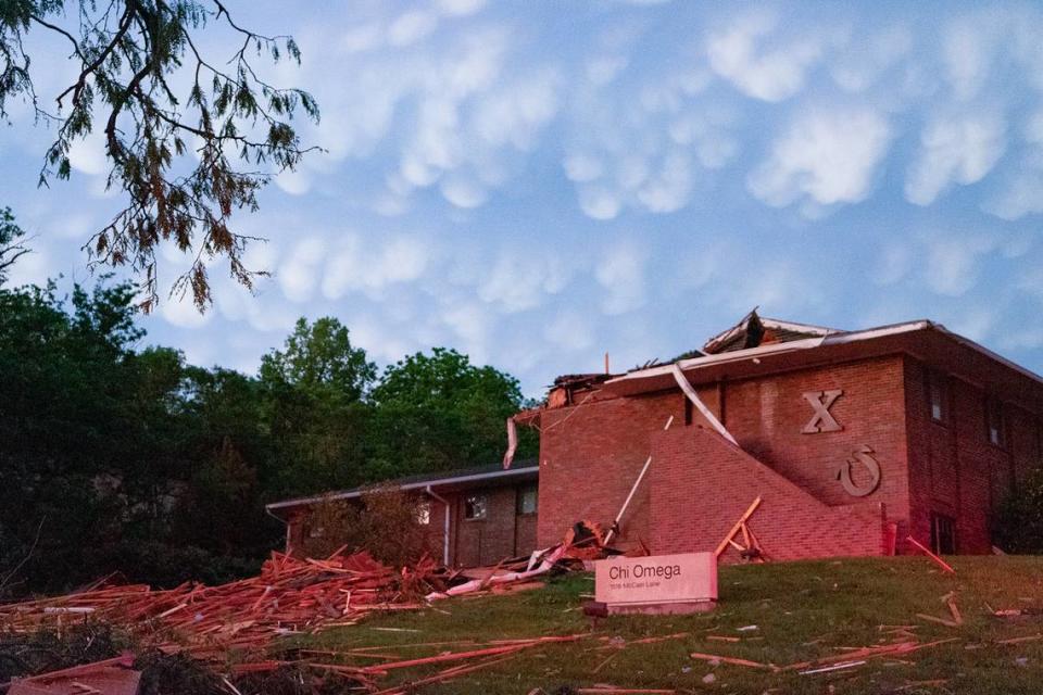 The Chi Omega house near the Kansas State University campus in Manhattan was damaged as severe storms passed through the area Saturday.