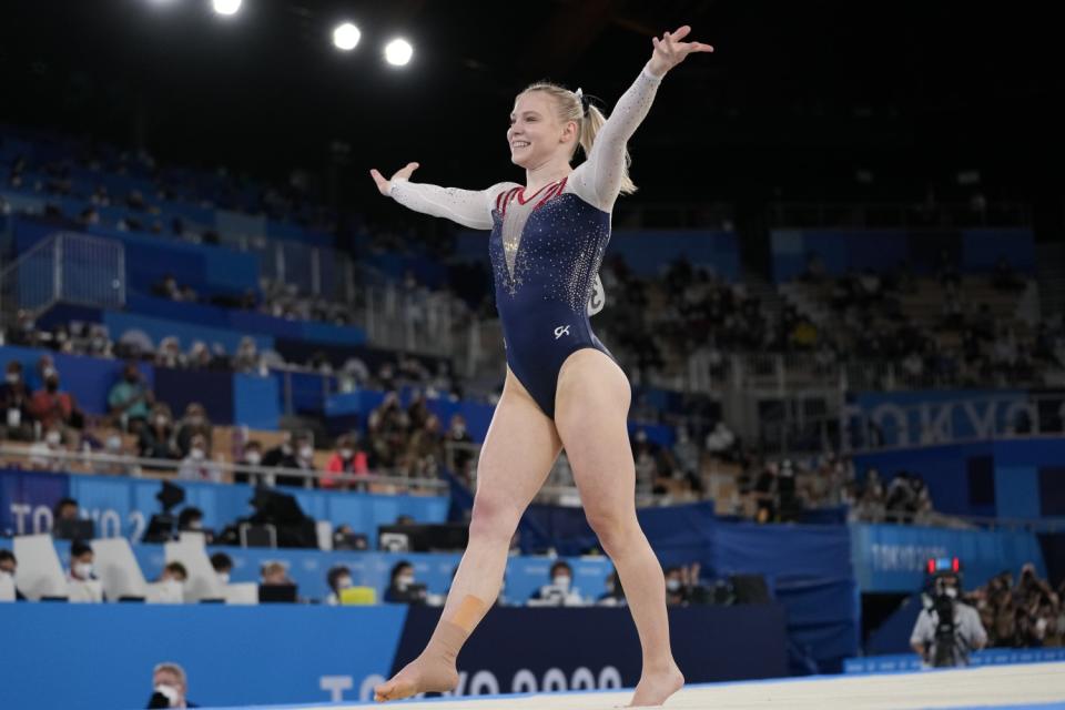 Jade Carey competes in floor exercise during the apparatus finals at the Tokyo Olympics on Monday.