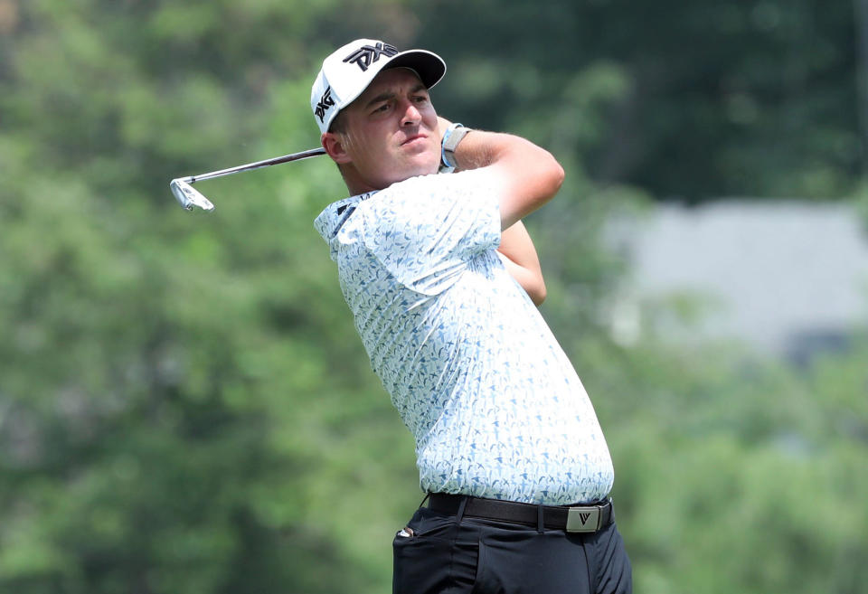 Justin Lower hits from the ninth tee during the second round of the Rocket Mortgage Classic on Friday, June 29, 2023, at the Detroit Golf Club. Mandatory Credit: Kirthmon F. Dozier-USA TODAY Sports