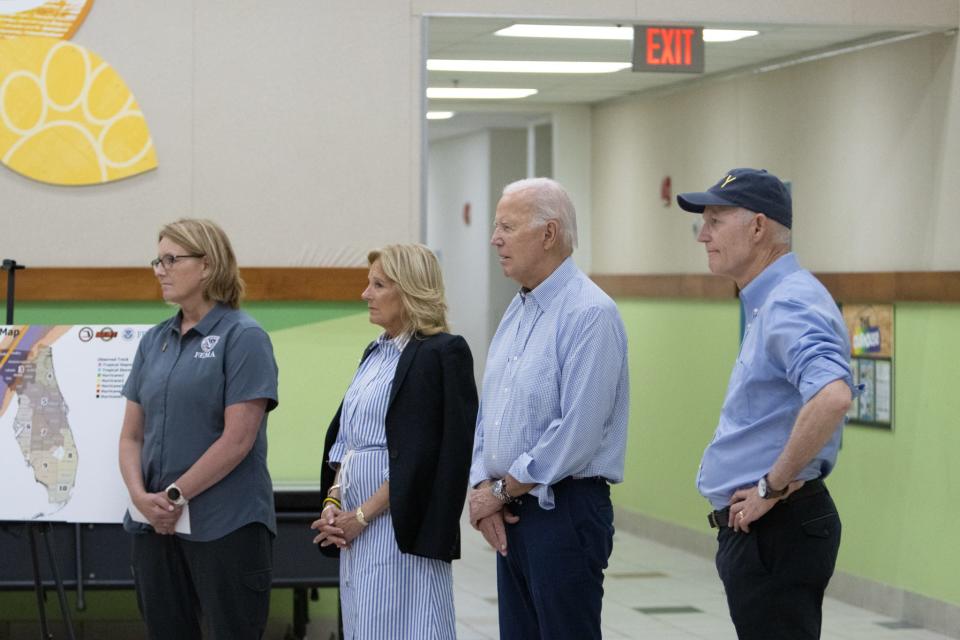 President Joe Biden, First Lady Jill Biden and U.S. Sen. Rick Scott visit an elementary-turned-shelter in Live Oak, Florida, on Saturday, Sept. 2, 2023.