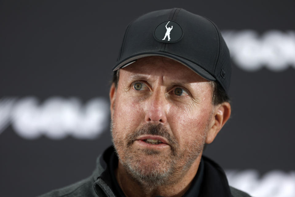 Phil Mickelson attends a press conference at the Centurion Club, Hertfordshire, England, ahead of the LIV Golf Invitational Series, Wednesday June 8, 2022. Mickelson is expected to compete in the U.S. Open in Brookline, Mass., to be played June 16-19.(Steven Paston/PA via AP)