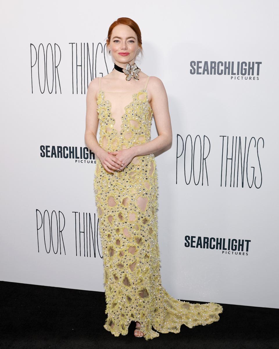 Emma Stone in Louis Vuitton at the NYC premiere of Poor Things.