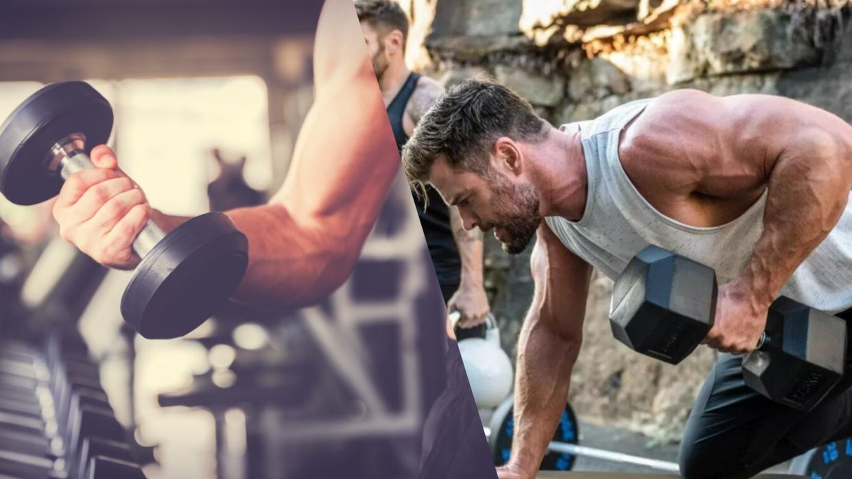  Left image muscled arm holding dumbbell, right image Chris Hemsworth performing a bentover row with a dumbbell. 