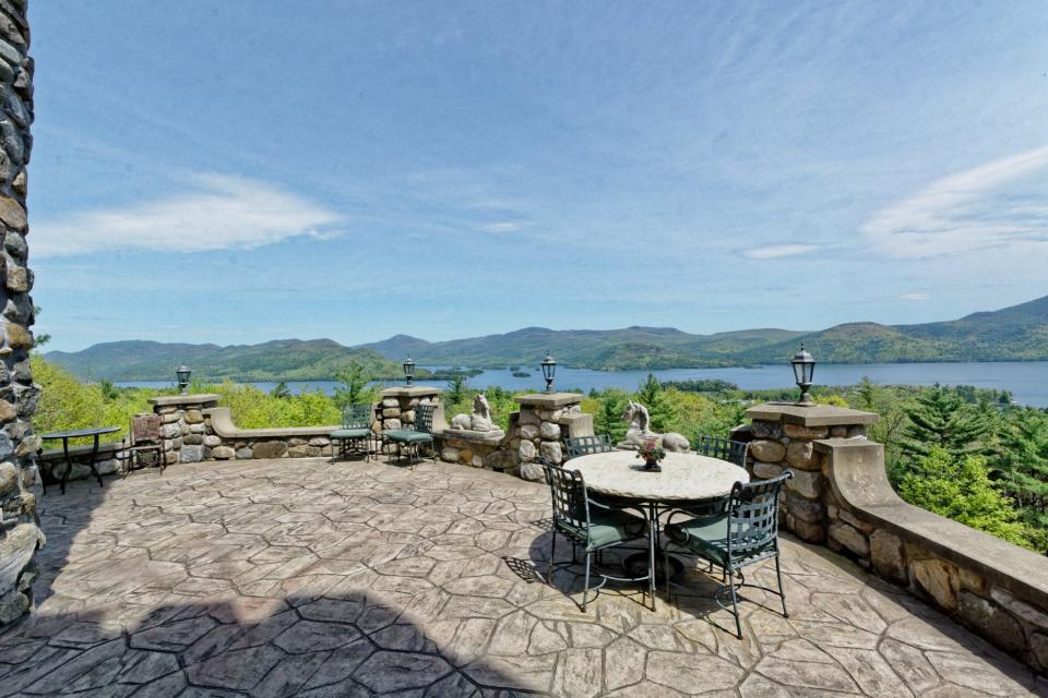 The "yard" at Highlands Castle looks out onto a spectacular view of Lake George, New York.