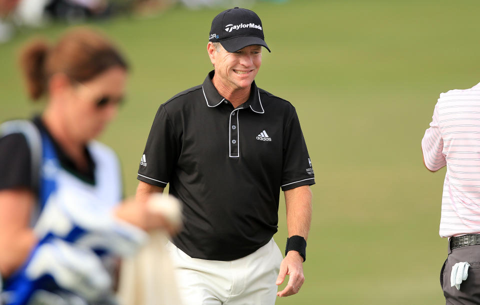 Scott Verplank reacts to missing his putt at No. 18 at the 2014 Franklin Templeton Shootout at Tiburon Golf Club.