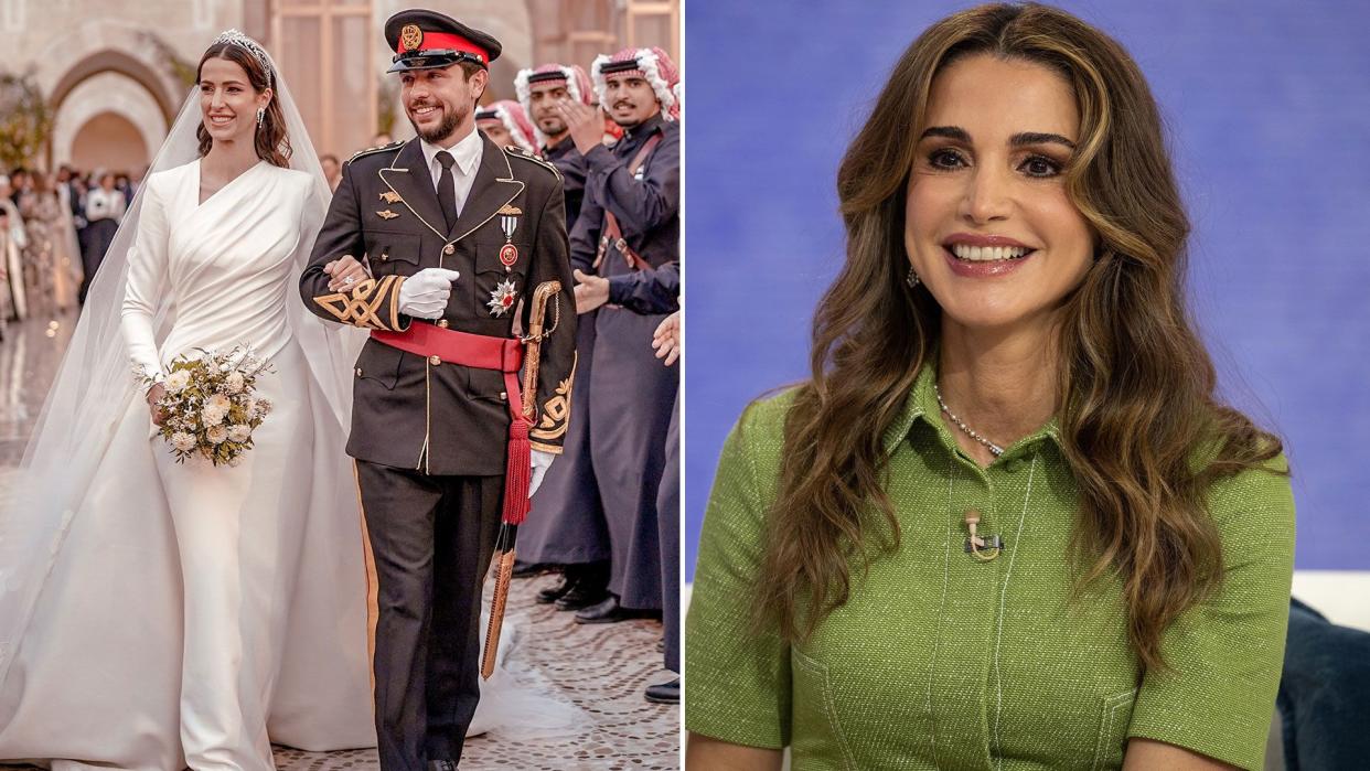 Rajwa and prince hussein on wedding day and queen rania in green