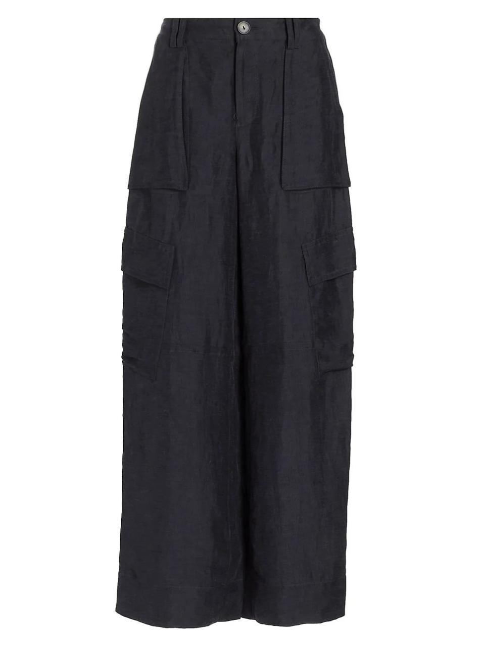 black linen wide-leg cargo pants