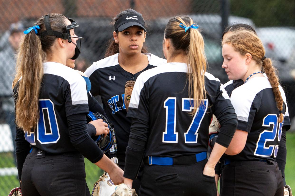 Apr 19, 2024; Rutherford, NJ; St. Mary High School softball plays DePaul Catholic on Friday afternoon. St. Mary players gather on the field.