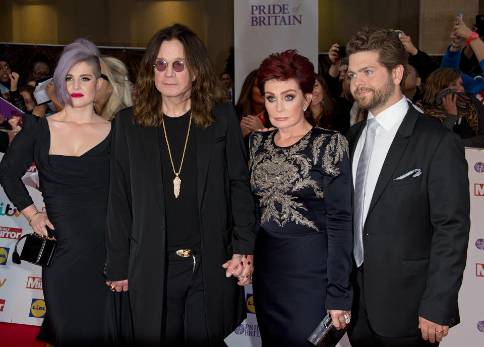 Kelly Osbourne, Ozzy Osbourne, Sharon Osbourne and Jack Osbourne arriving at the 2015 Pride of Britain Awards at the Grosvenor House Hotel in London (Photo by Zak Hussein/Corbis via Getty Images)