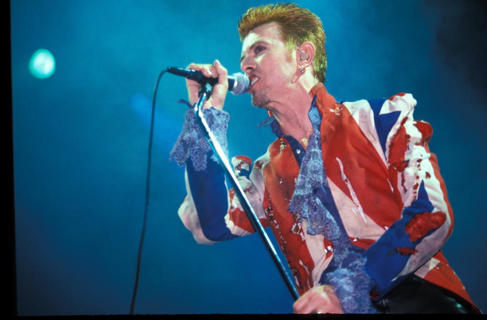 David Bowie performing on stage, Phoenix Festival, 1996