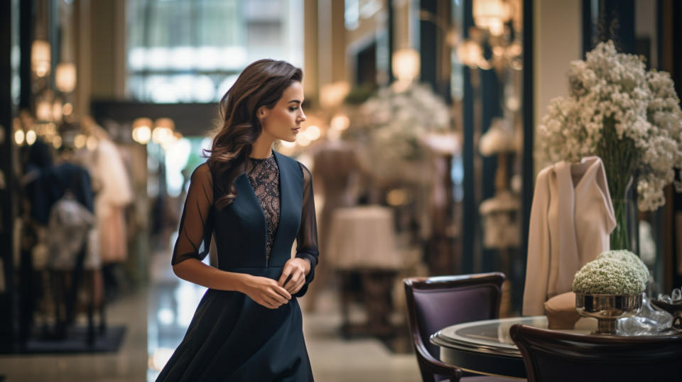 A well dressed woman in a beautiful dress walking into an upscale apparel boutique.