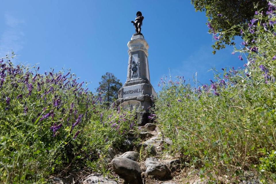 The monument of James Marshall is seen at Marshall Gold Discovery State Historic Park. Marshall famously discovered gold in the American River in Coloma in 1848, two years before Rufus Burgess arrived in 1850.