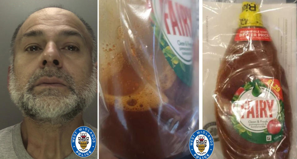 A mugshot of Mohammed Nawaz, 52 (left) and on the right, his weapon of choice - a deterrent bottle filled with chilli sauce and detergent