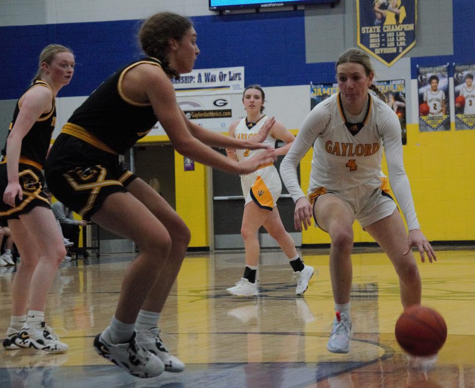 Meghan Keen drives during a girls basketball matchup between Gaylord and Traverse City Central on Tuesday, January 24.