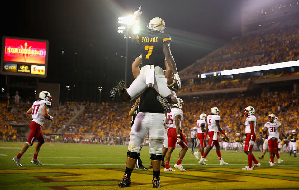 TEMPE, AZ - SEPTEMBER 10: Running back Kalen Ballage #7 of the Arizona State Sun Devils celebrates afte scoring on a 4 yard touchdown rush against the Texas Tech Red Raiders during the first half of the college football game at Sun Devil Stadium on September 10, 2015 in Tempe, Arizona. (Photo by Christian Petersen/Getty Images)