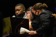 Katie and Aubrey Wright, parents of Daunte Wright, cry as the speak during funeral services of Daunte Wright at Shiloh Temple International Ministries in Minneapolis, Thursday, April 22, 2021. Wright, 20, was fatally shot by a Brooklyn Center, Minn., police officer during a traffic stop.(AP Photo/John Minchillo, Pool)