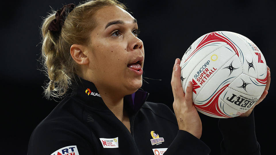 Donnell Wallam is pictured warming up for a Super Netball match.