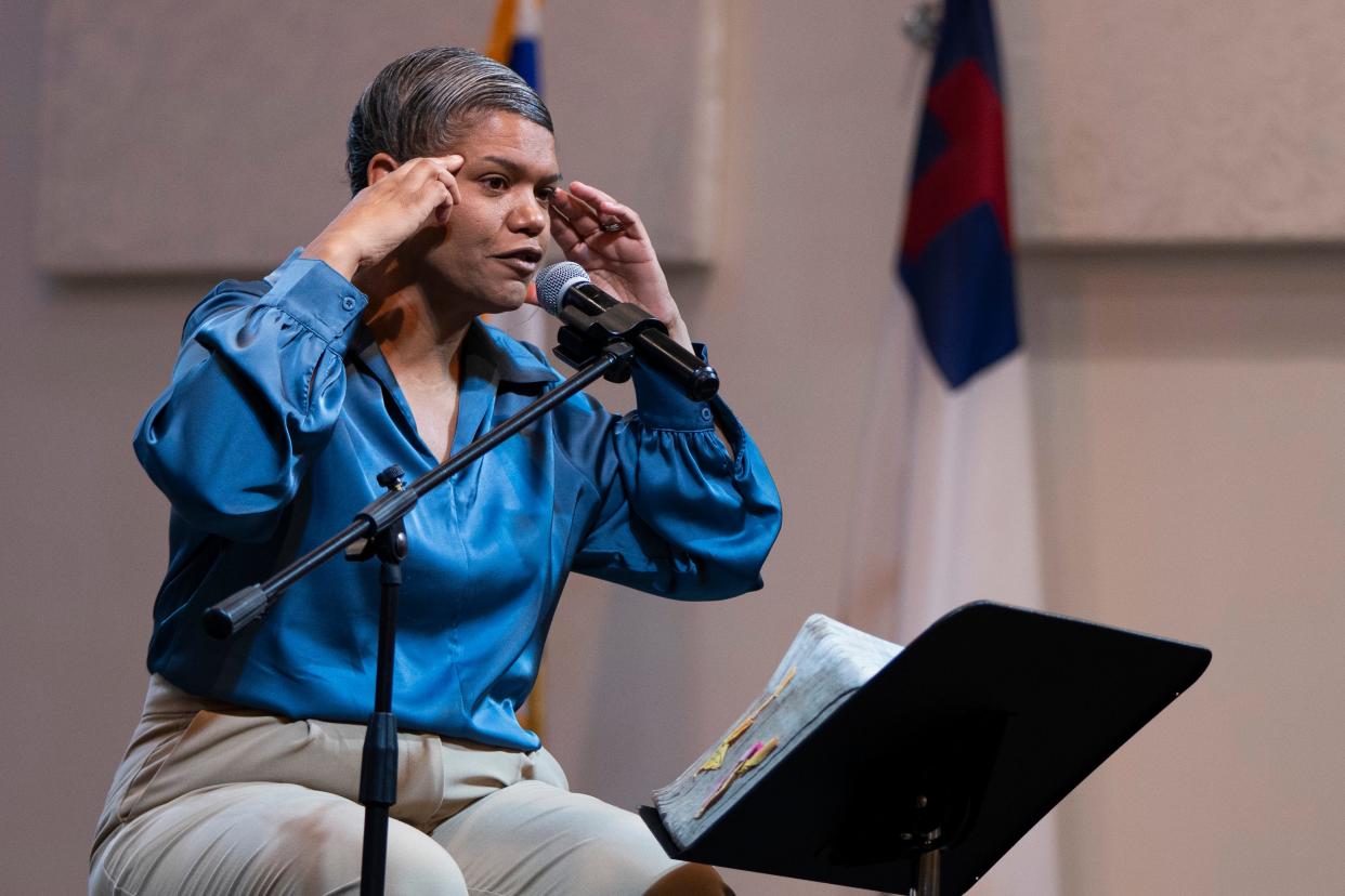 Indiana gubernatorial candidate Jamie Reitenour leads a prayer service March 29, 2024 at the Spirit of Life Church in Indianapolis, Indiana.