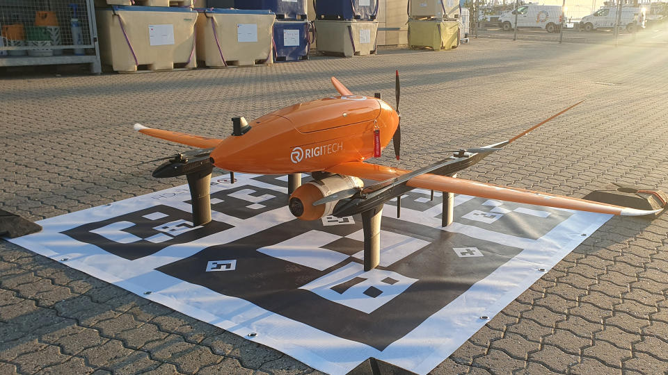 RigiTech’s Eiger drone, staged and ready for launch after being loaded with spare parts. (Photo: RigiTech)