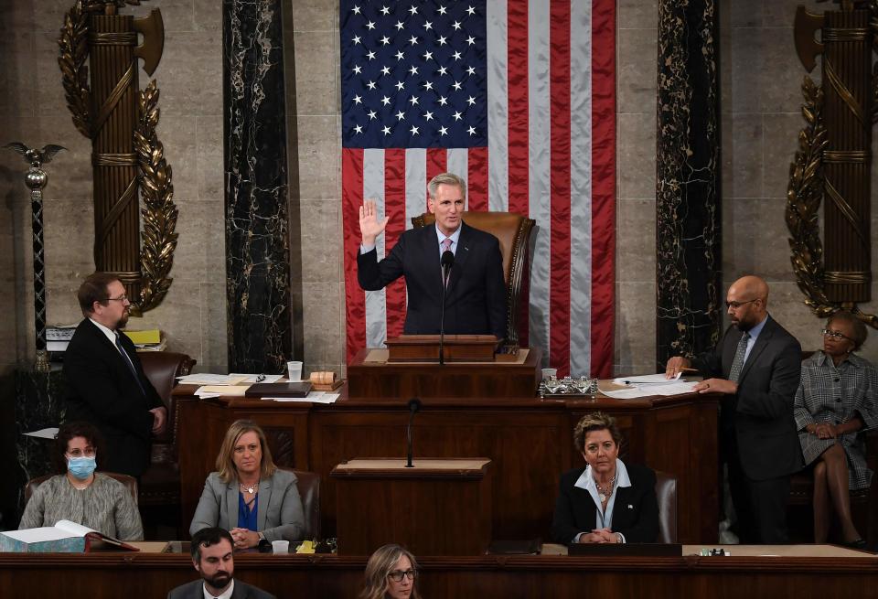 January 7, 2023: Newly elected Speaker of the US House of Representatives Kevin McCarthy takes the oath of office after he was elected on the 15th ballot at the US Capitol in Washington, DC, - Kevin McCarthy's election to his dream job of speaker of the US House of Representatives was secured through a mix of bombproof ambition, a talent for cutting deals, and a proven track record of getting Republicans what they need.

He only won election as speaker after they forced him to endure 15 rounds of voting -- a torrid spectacle unseen in the US Capitol since 1859.