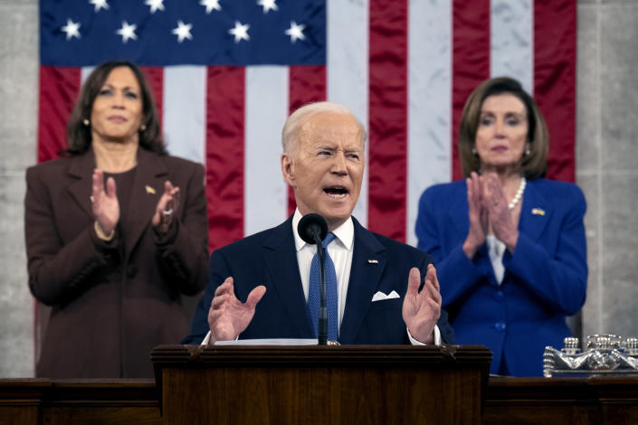 President Joe Biden delivers his State of the Union address to a joint session of Congress at the Capitol, Tuesday, March 1, 2022, in Washington. (Saul Loeb/Pool via AP)