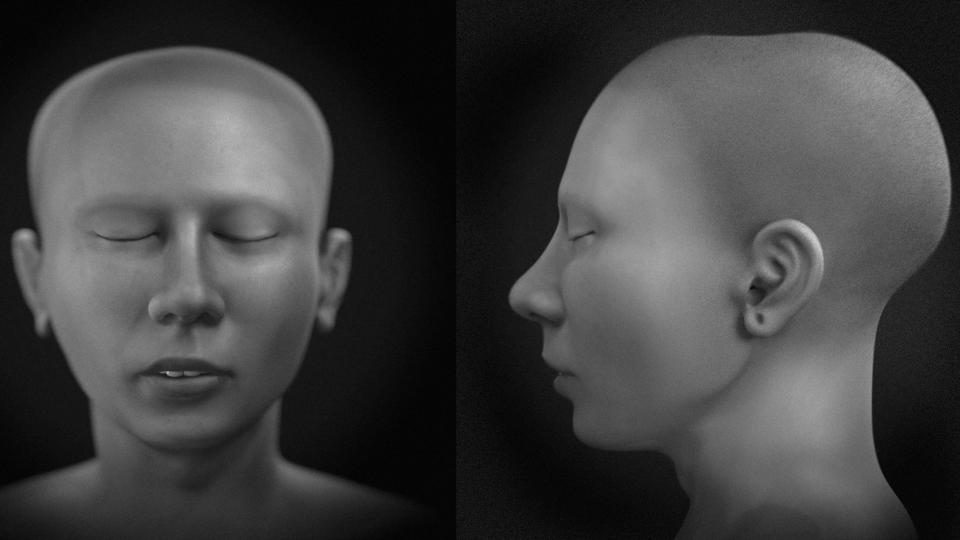 Two greyscale images of a facial approximation of King Tut.
