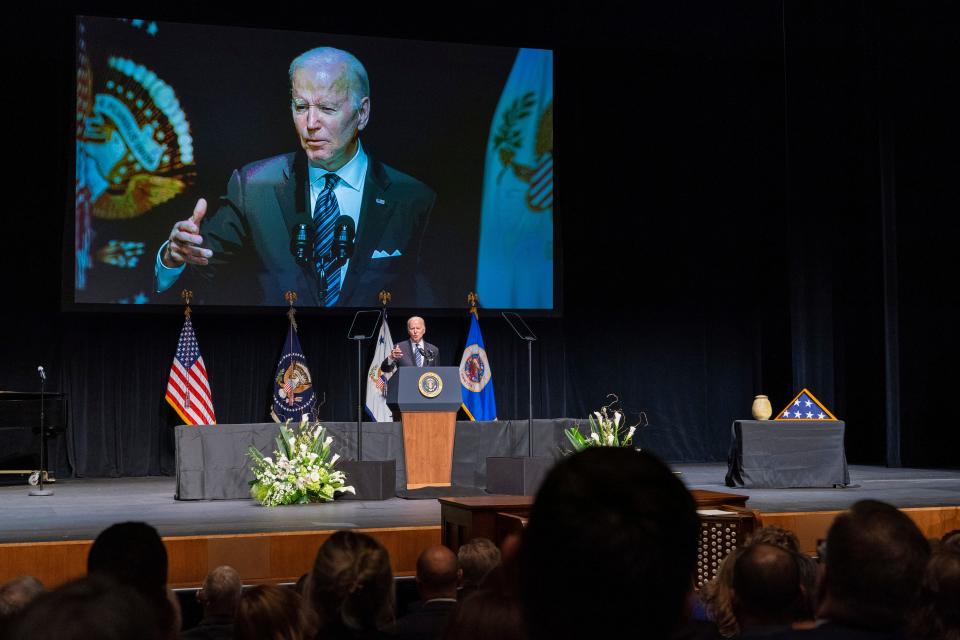 President Joe Biden speaks at the memorial service for former Vice President Walter Mondale, Sunday, May 1, 2022, at the University of Minnesota in Minneapolis. (AP Photo/Jacquelyn Martin)