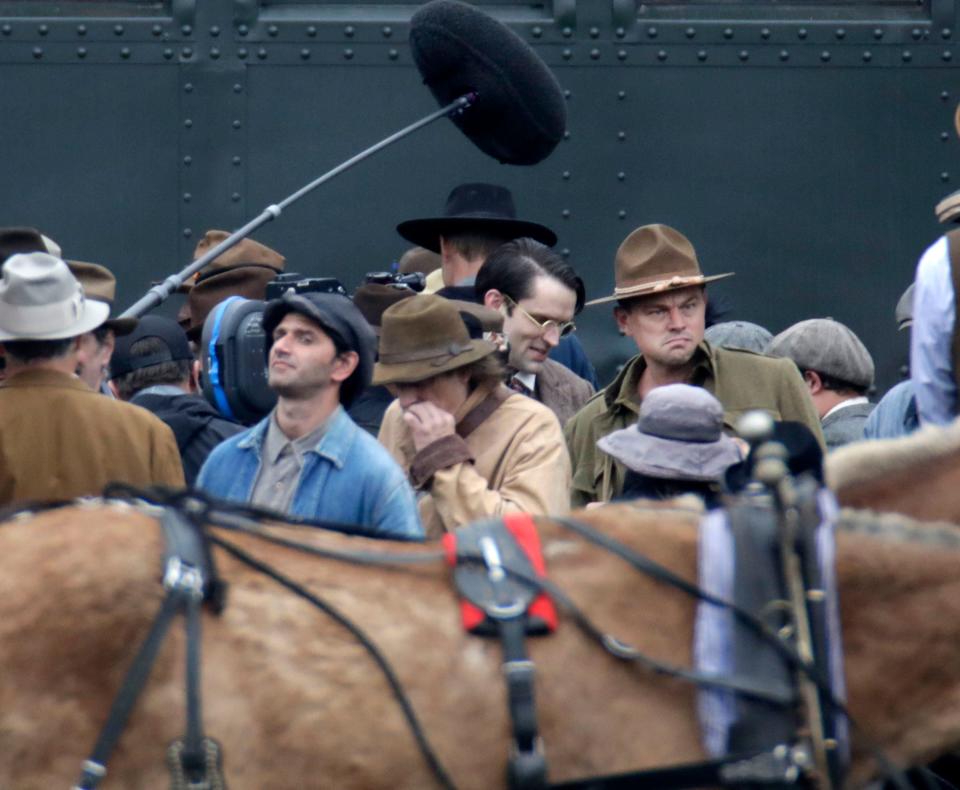 Leonardo DiCaprio films a scene for the movie based on the book, "Killers of the Flower Moon," May 24, 2021, in Pawhuska.