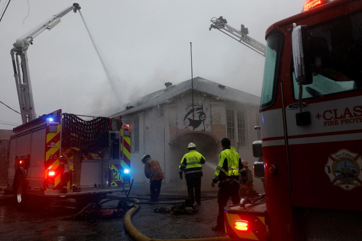 Firefighters from the New Orleans Fire Department respond to a three alarm fire at the intersection of Piety and Dauphine Streets as the effects of Hurricane Francine begin to be felt on the U.S. Gulf Coast, in New Orleans, Louisiana. REUTERS/Edmund D. Fountain