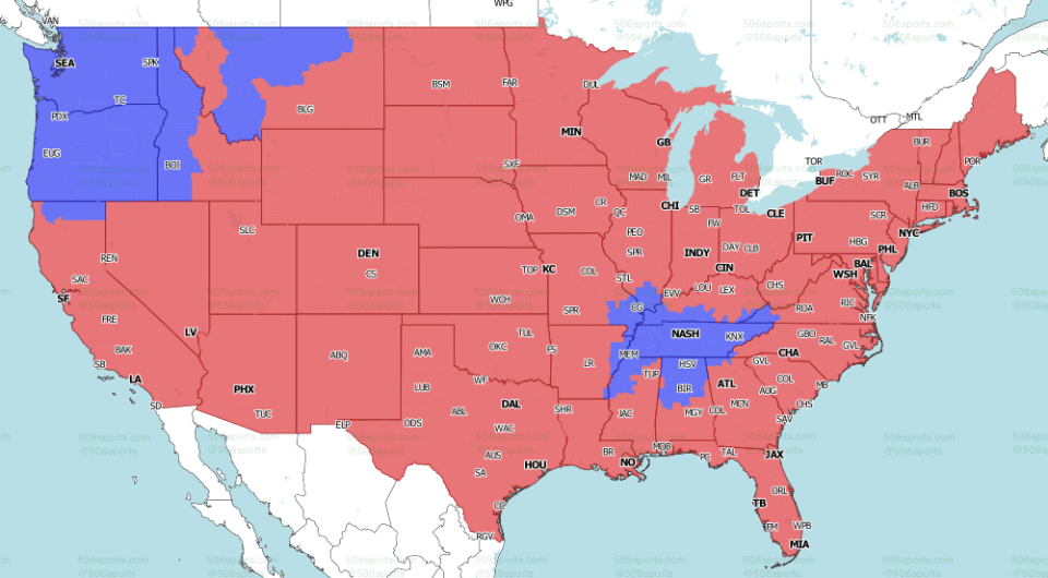 506sports.com coverage map for CBS Sports Late Game, the majority of the country will watch Cowboys versus Chargers.