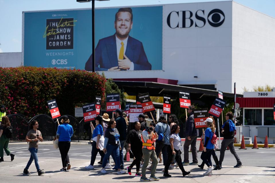 Members of the Writers Guild of America picket outside the CBS Television City in the Fairfax District of Los Angeles, Tuesday, May 2, 2023.