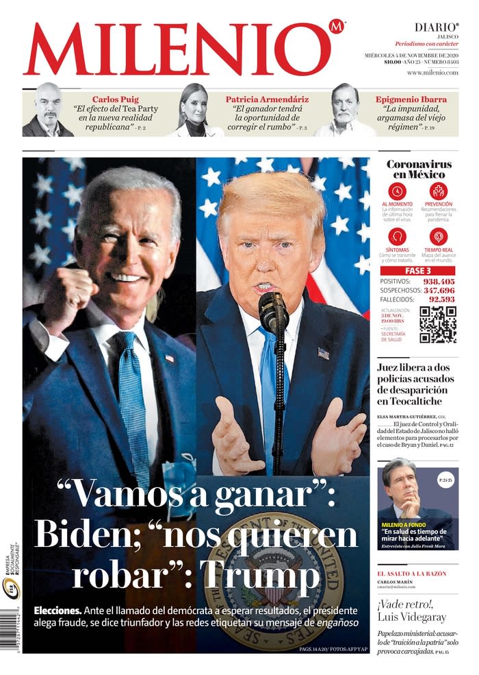 PÚBLICO MILENIO, Published in Guadalajara, Mexico (Courtesy <a href="https://www.newseum.org/todaysfrontpages/" rel="nofollow noopener" target="_blank" data-ylk="slk:Newseum;elm:context_link;itc:0;sec:content-canvas" class="link ">Newseum</a>)