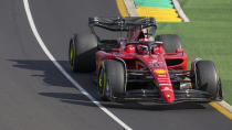 Ferrari driver Charles Leclerc of Monaco steers his car during the Australian Formula One Grand Prix in Melbourne, Australia, Sunday, April 10, 2022. (AP Photo/Asanka Brendon Ratnayake)