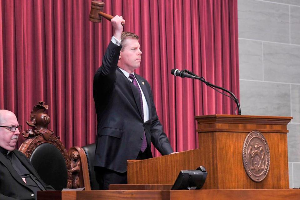 Missouri House Speaker Dean Plocher, a St. Louis-area Republican, bangs the gavel on the first day of the 2024 legislative session at the Missouri Capitol.