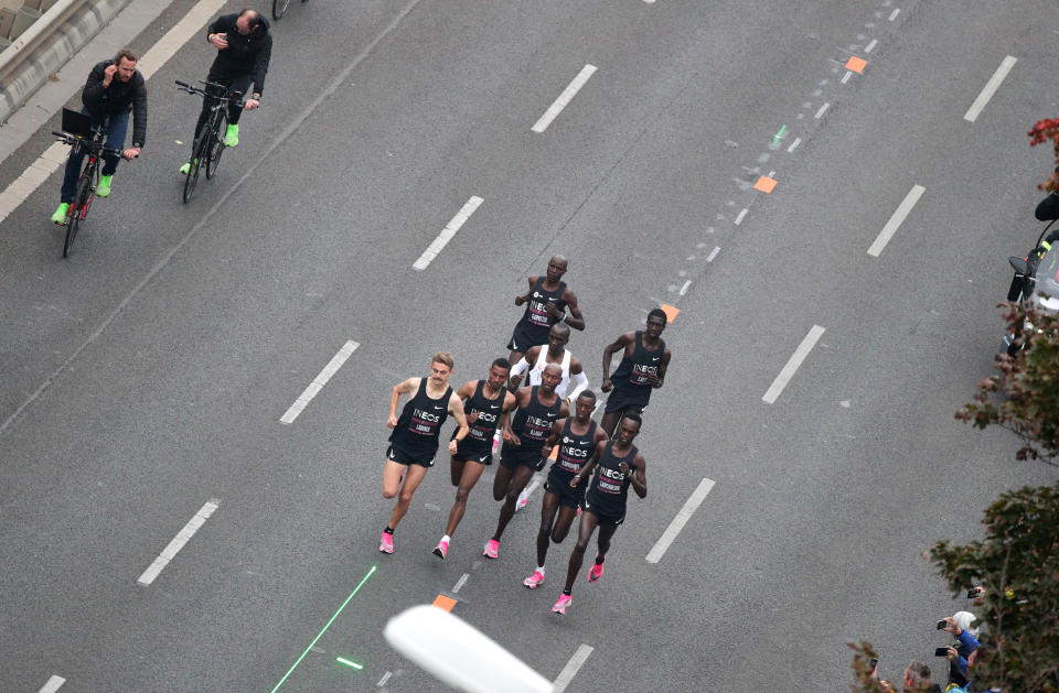 Kenya's Eliud Kipchoge, the marathon world record holder, runs during his attempt to run a marathon in under two hours in Vienna, Austria, October 12, 2019. REUTERS/Lisi Niesner