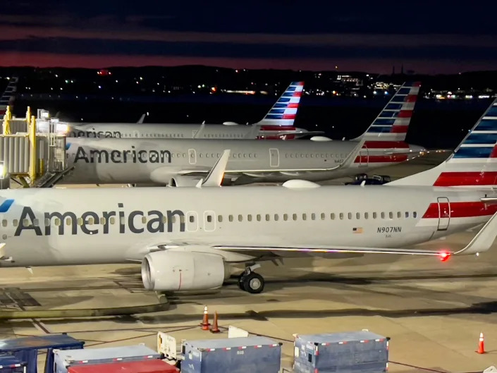 American Airlines planes sit at gates at Ronald Reagan Washington National Airport (DCA) in Arlington, Virginia, on June 26, 2022
