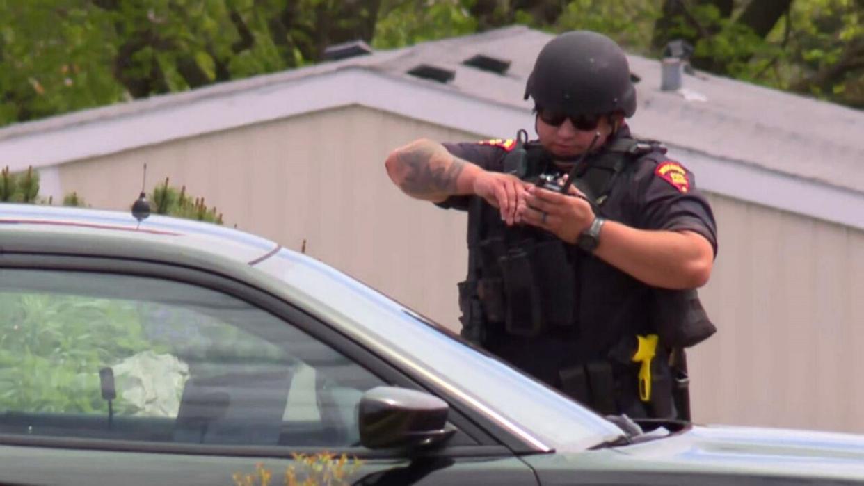 PHOTO: In this screen grab from a video, a law enforcement officer is shown near Mount Horeb school, in Mount Horeb, Wisconsin, on May 1, 2024. (WKOW)