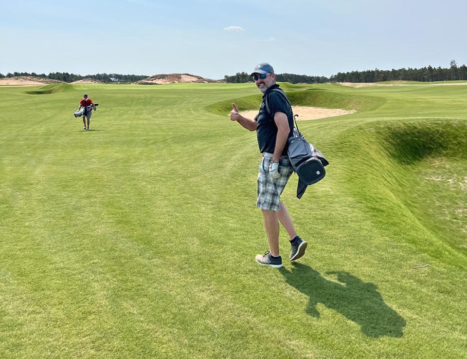 Peter Flory plays his first own-ball round on the Lido at Sand Valley as the course grows in during 2022. (Gabe Gudgel/Golfweek)