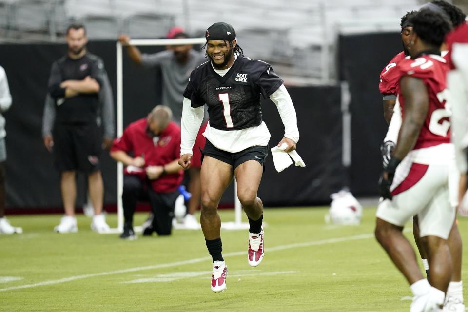 Arizona Cardinals quarterback Kyler Murray runs sprints during the NFL football team's training camp Wednesday, July 27, 2022, in Glendale, Ariz. (AP Photo/Ross D. Franklin)