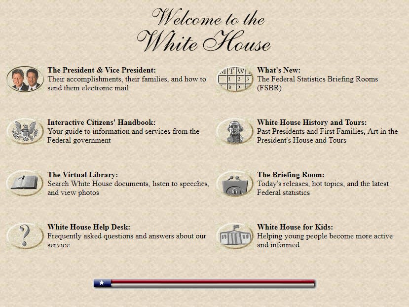 animated icons and descriptions on the White House website in 1996