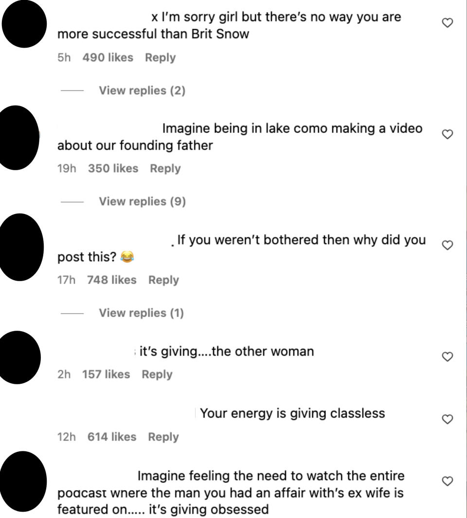 Multiple Instagram comments under a post, including "Your energy is giving classless" and "If you weren't bothered then why did you post this?"