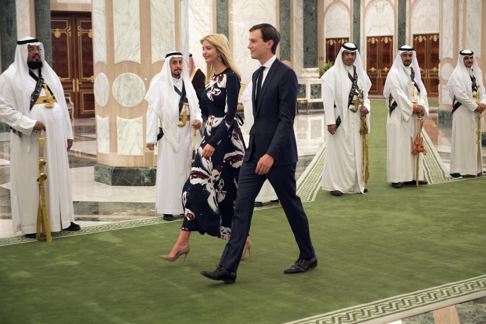 Ivanka Trump and Jared Kushner arrive to attend the presentation of the Order of Abdulaziz al-Saud medal at the Saudi Royal Court in Riyadh on Saturday. (Photo: MANDEL NGAN via Getty Images)